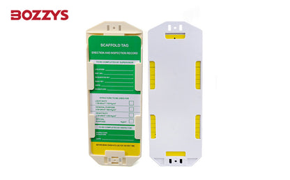 OSHA Compliant LOTO scaffold tag holder, plastic, yellow and white, by BOZZYS Factory