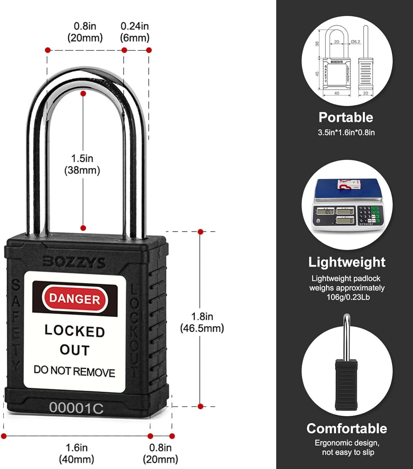 OSHA Compliant LOTO black safety padlock, plastic body with dimensions shown by BOZZYS Factory