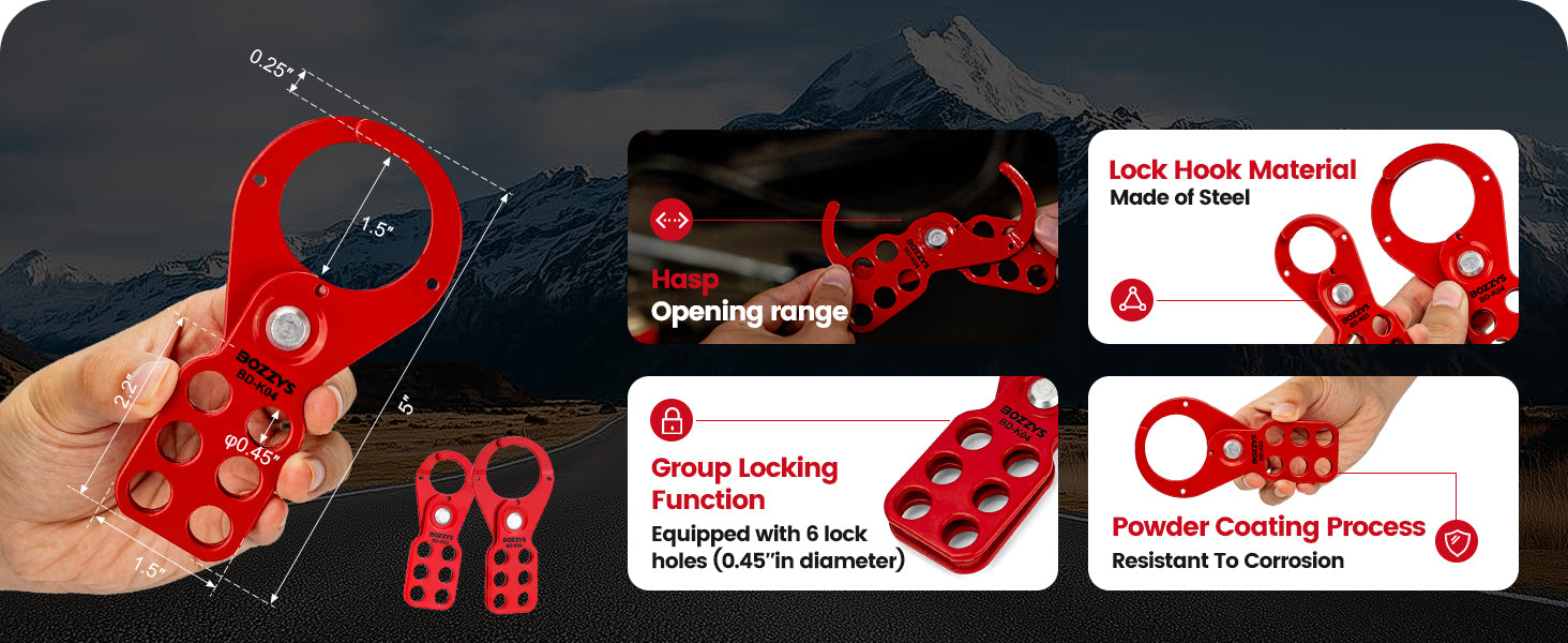 OSHA Compliant LOTO steel lockout hasp, red, 6-hole group locking by BOZZYS Factory
