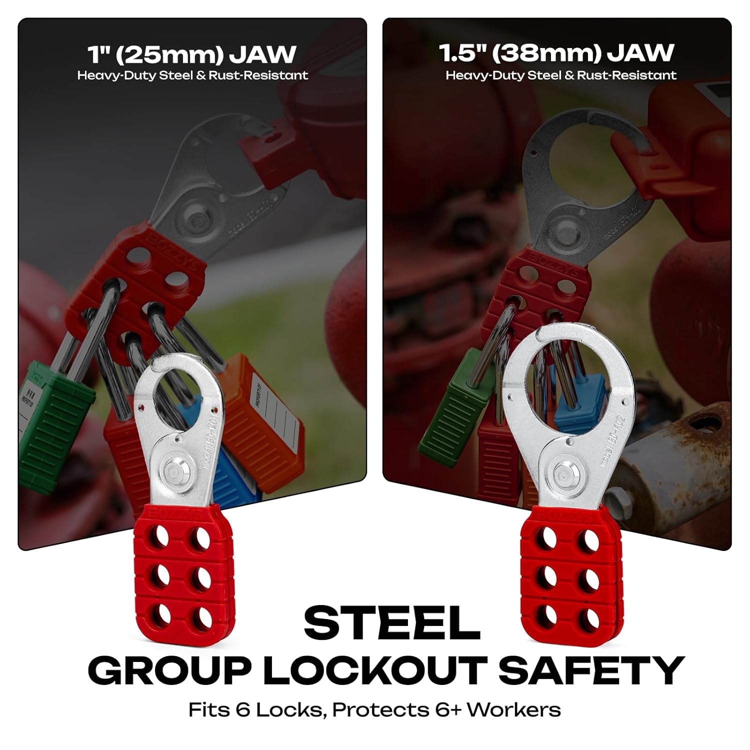 OSHA Compliant LOTO steel lockout hasp, red handle, fits 6 padlocks, by BOZZYS Factory