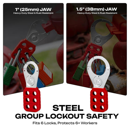 OSHA Compliant LOTO steel lockout hasp, red handle, fits 6 padlocks, by BOZZYS Factory