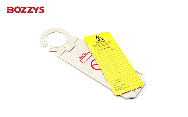 OSHA Compliant LOTO plastic valve lockout device with yellow safety tag by BOZZYS Factory