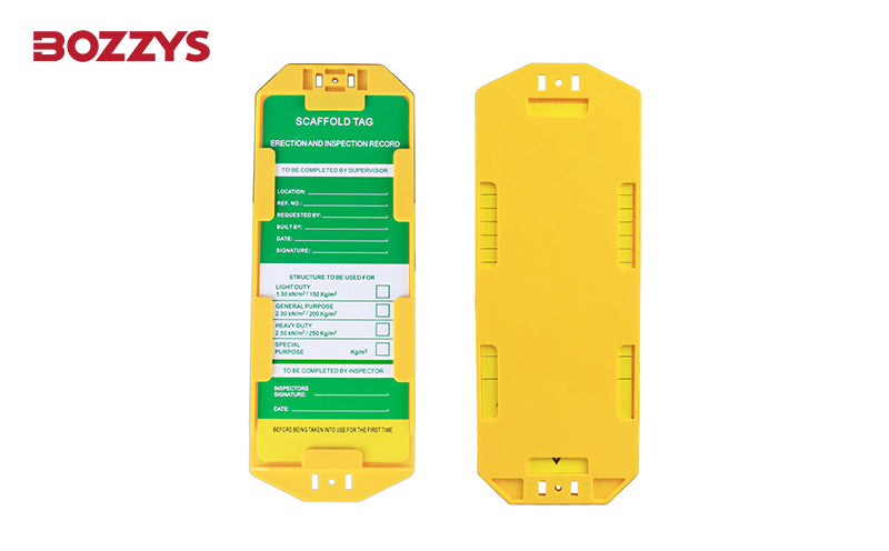 OSHA Compliant LOTO scaffold tag holder, yellow plastic, inspection record by BOZZYS Factory