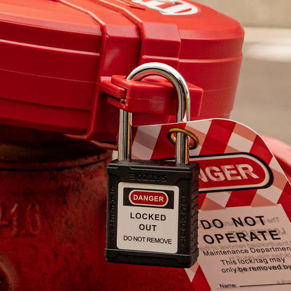 OSHA Compliant LOTO black plastic padlock on red valve lockout device, by BOZZYS Factory