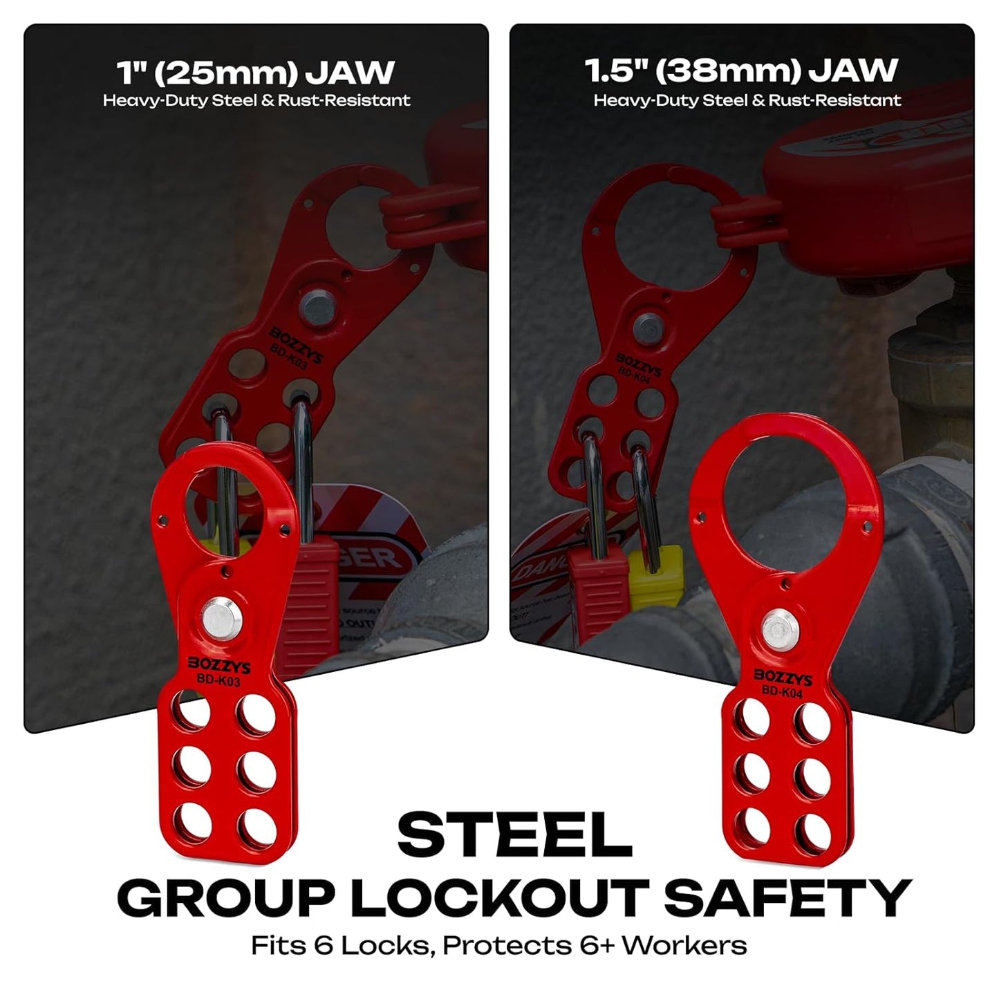 OSHA Compliant LOTO steel lockout hasp red, group lockout device for 6 locks by BOZZYS Factory