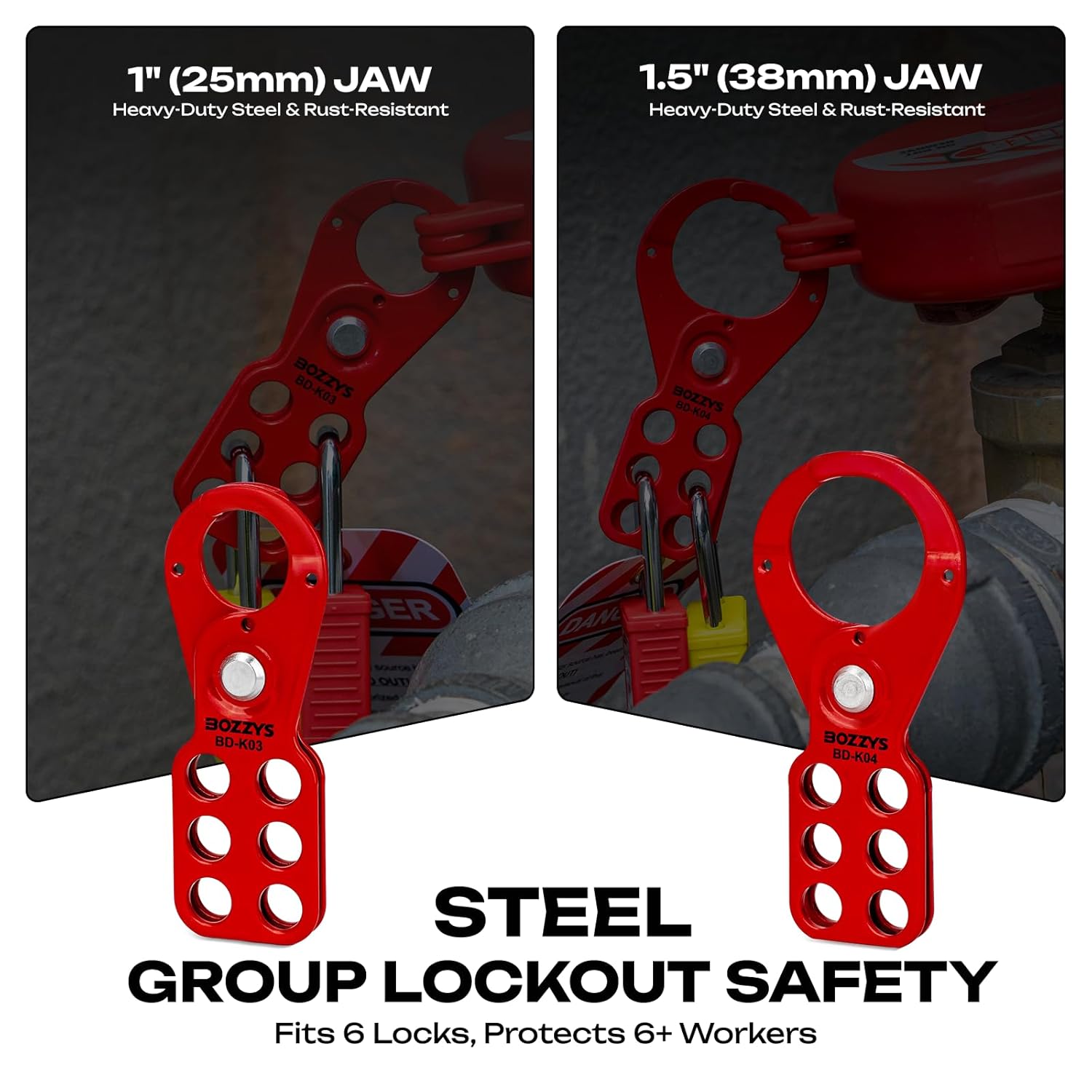 OSHA Compliant LOTO steel lockout hasp red, group lockout device for 6 locks by BOZZYS Factory