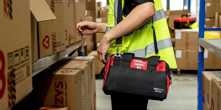 OSHA Compliant LOTO lockout tagout kit, fabric material, black and red, by BOZZYS Factory