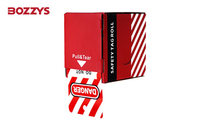 OSHA Compliant LOTO safety tag roll, red cardboard dispenser, by BOZZYS Factory