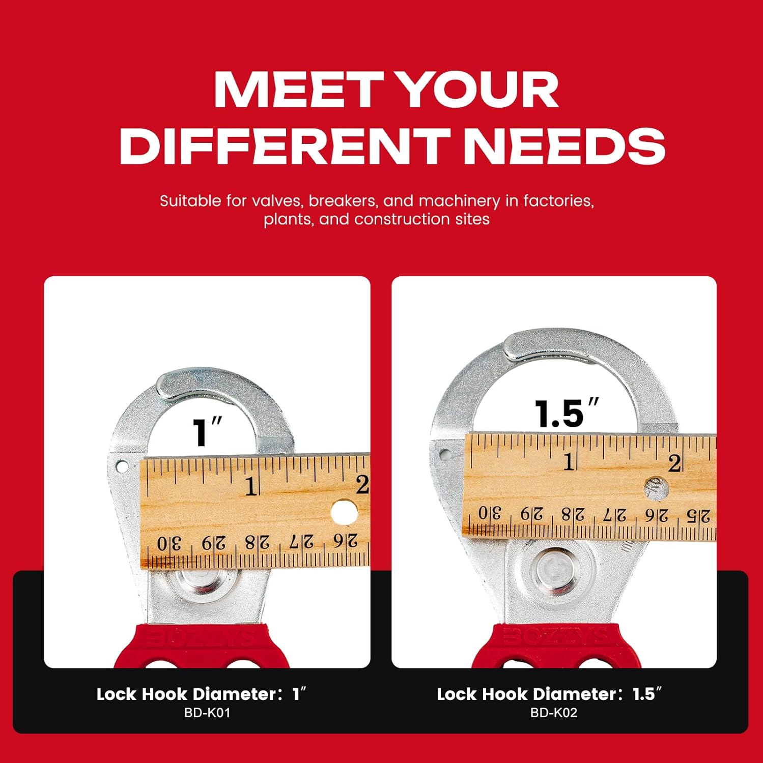 OSHA Compliant LOTO steel lockout hasp with red handle, 1-inch and 1.5-inch diameter, by BOZZYS Factory