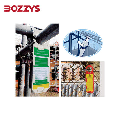OSHA Compliant LOTO safety tags, plastic, green and yellow, for scaffolding and lockout by BOZZYS Factory