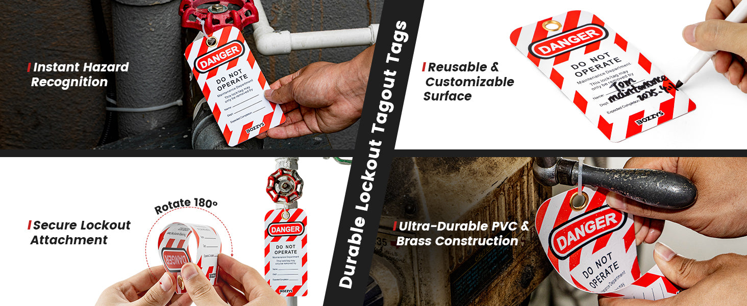 OSHA Compliant LOTO tagout tag, red and white PVC, used on valves, by BOZZYS Factory