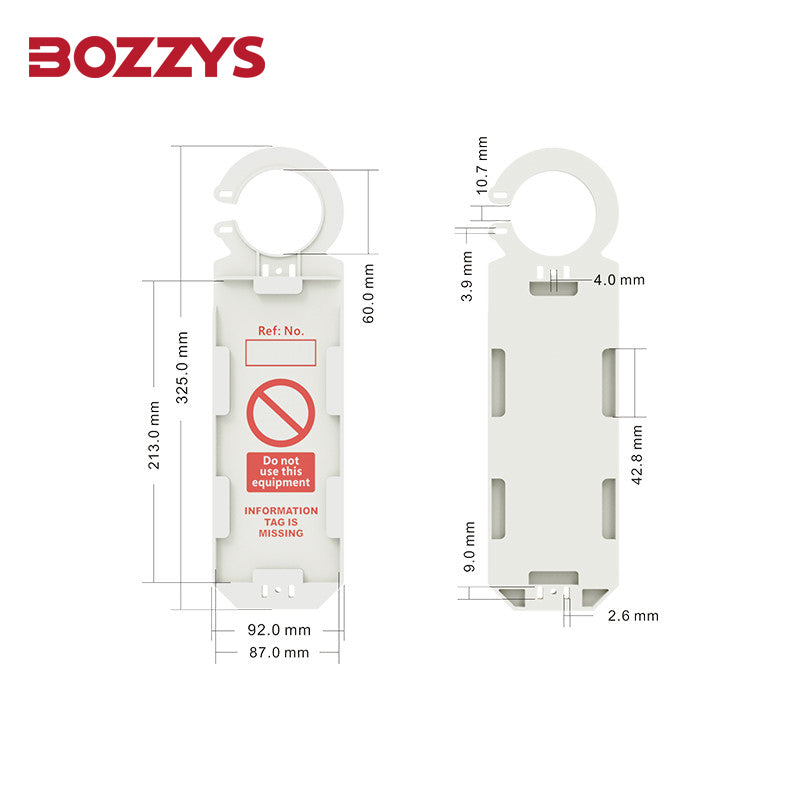 OSHA Compliant LOTO plastic tagout device, white with warning label and measurements, by BOZZYS Factory