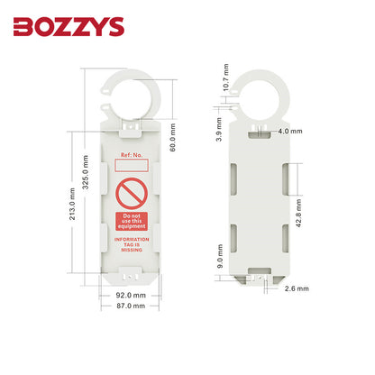 OSHA Compliant LOTO plastic tagout device, white with warning label and measurements, by BOZZYS Factory