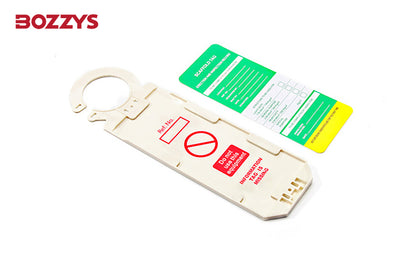 OSHA Compliant LOTO plastic valve lockout device in beige with label tag by BOZZYS Factory