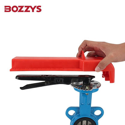 OSHA Compliant LOTO red plastic valve lockout device on blue valve by BOZZYS Factory