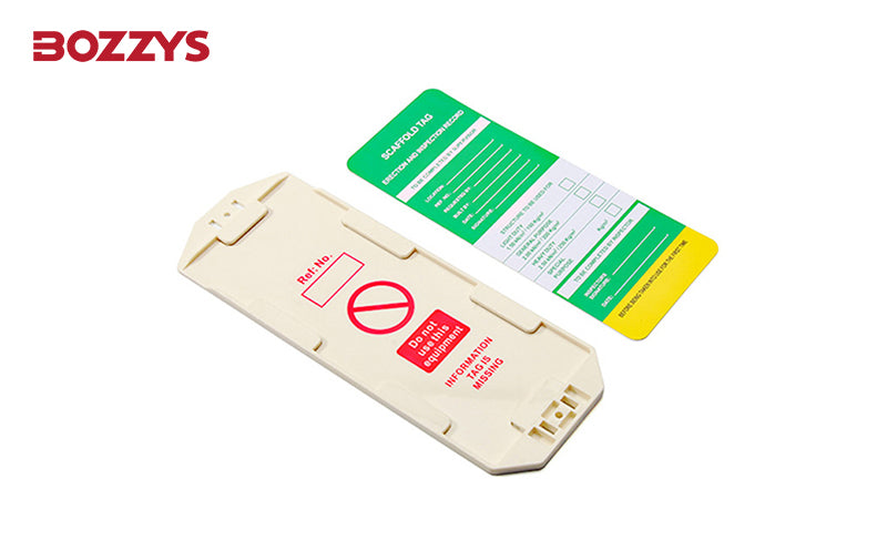 OSHA Compliant LOTO plastic lockout tag in beige with red warning text, by BOZZYS Factory