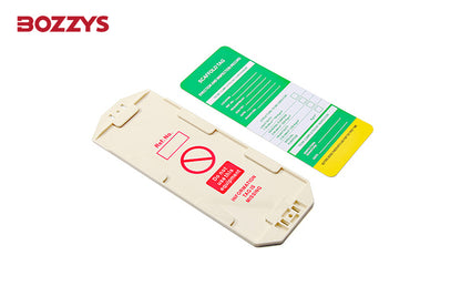 OSHA Compliant LOTO plastic lockout tag in beige with red warning text, by BOZZYS Factory