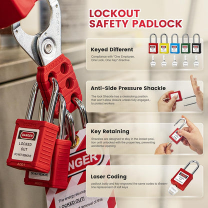 OSHA Compliant LOTO red safety padlock with metal shackle, danger label, by BOZZYS Factory