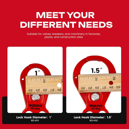 OSHA Compliant LOTO steel lockout hasps, red, 1-inch and 1.5-inch diameters, by BOZZYS Factory