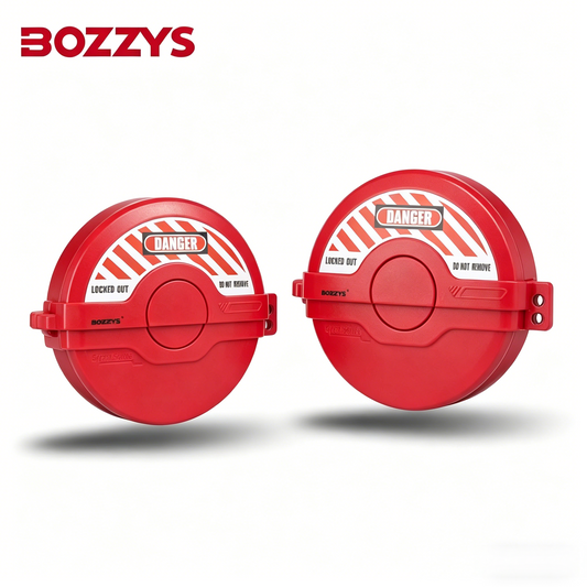 OSHA Compliant LOTO red plastic valve lockouts, round shape, by BOZZYS Factory
