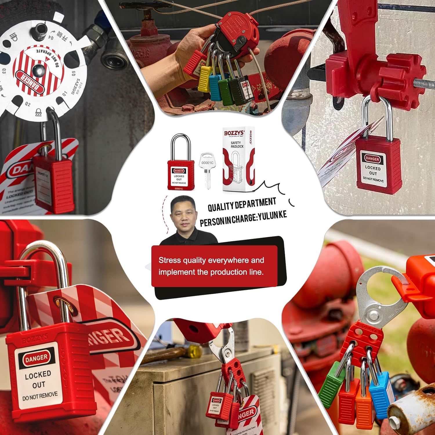 OSHA Compliant red LOTO safety padlocks and devices in use, industrial settings, by BOZZYS Factory