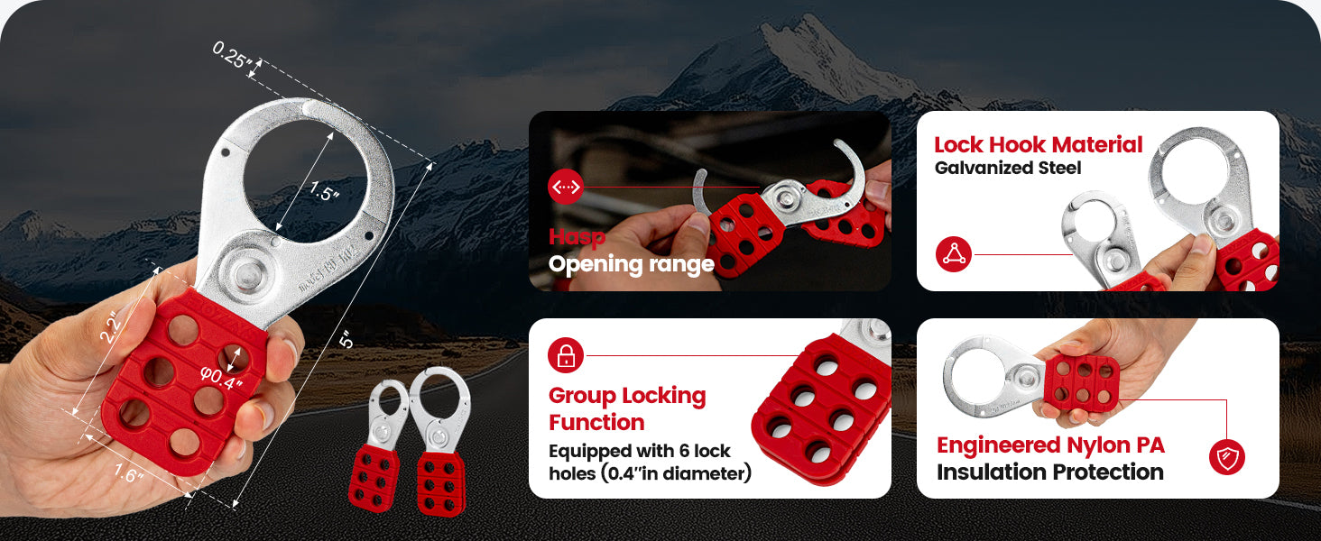 OSHA Compliant LOTO safety lockout hasp, galvanized steel and red nylon PA, by BOZZYS Factory