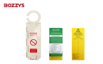 OSHA Compliant LOTO scaffold tag holder with green and yellow plastic tags by BOZZYS Factory