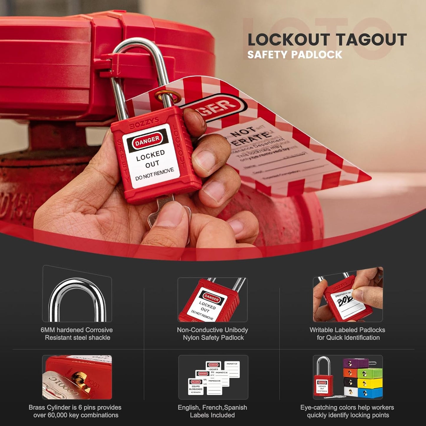 OSHA Compliant LOTO red nylon safety padlock with steel shackle, lockout tag by BOZZYS Factory