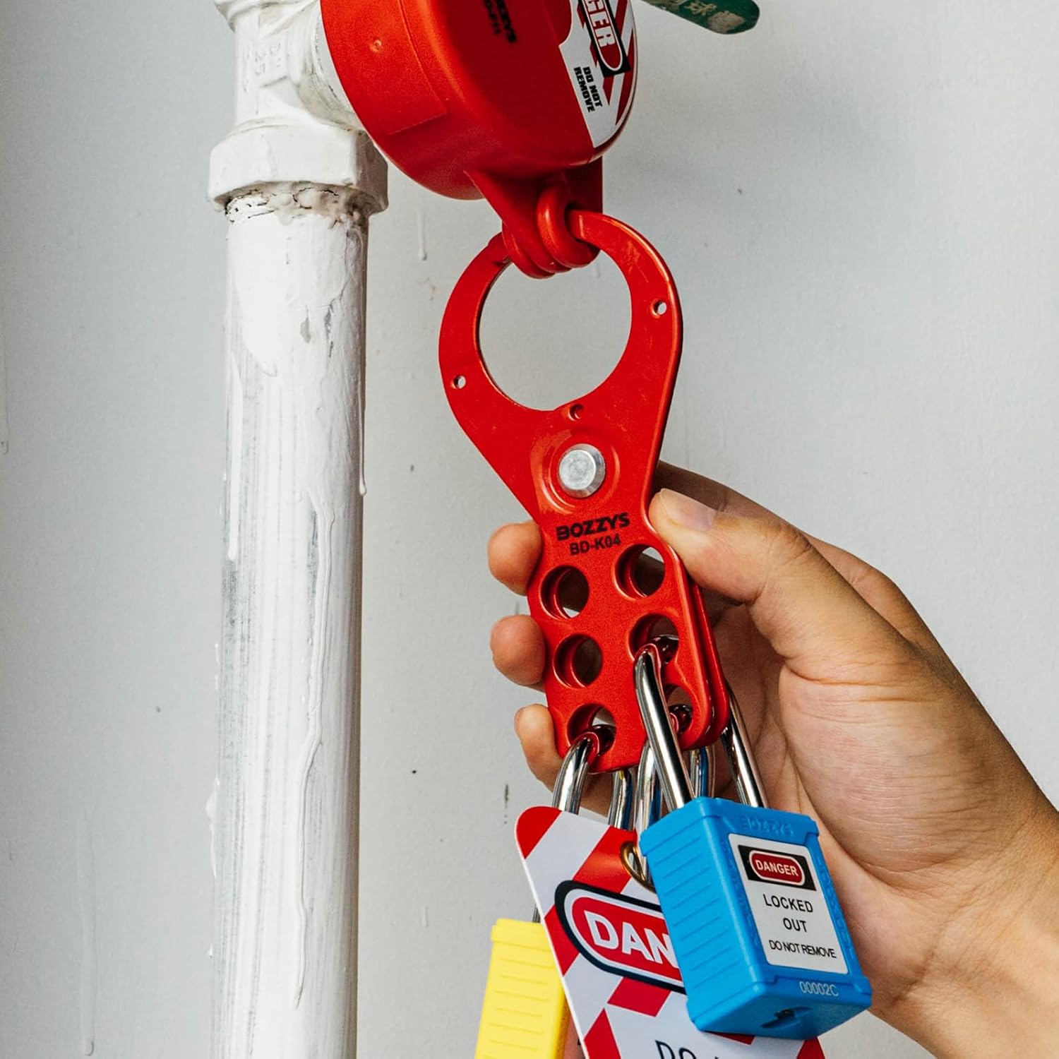 OSHA Compliant LOTO steel red hasp with blue and yellow safety padlocks by BOZZYS Factory