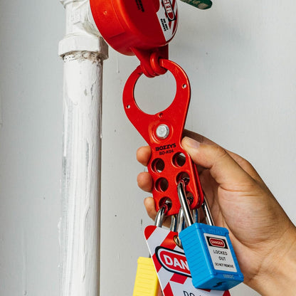 OSHA Compliant LOTO steel red hasp with blue and yellow safety padlocks by BOZZYS Factory