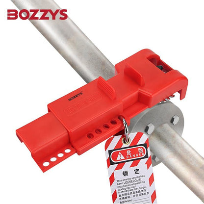 OSHA Compliant LOTO red plastic valve lockout device on metal pipe by BOZZYS Factory