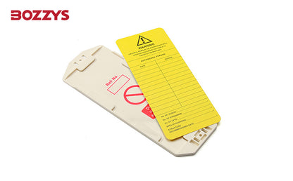 OSHA Compliant LOTO plastic tagout device with yellow warning label, by BOZZYS Factory