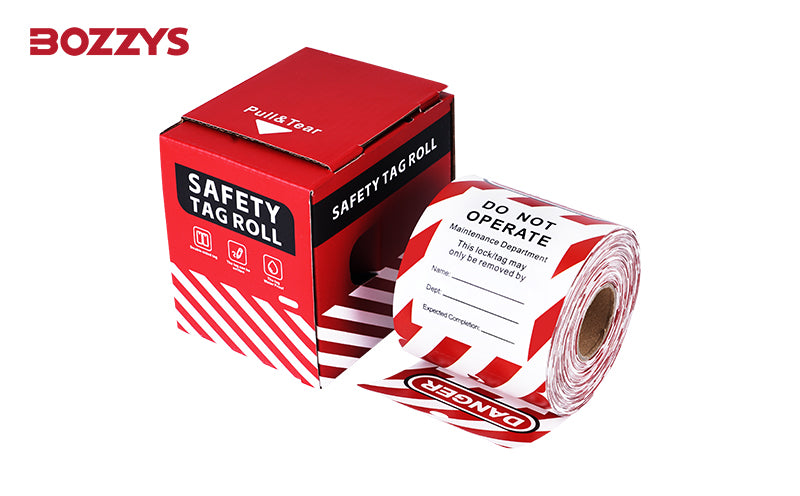 OSHA Compliant LOTO safety tag roll, red and white cardboard box and tag by BOZZYS Factory