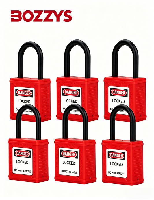 OSHA Compliant LOTO red safety padlocks, plastic body, black shackle, by BOZZYS Factory