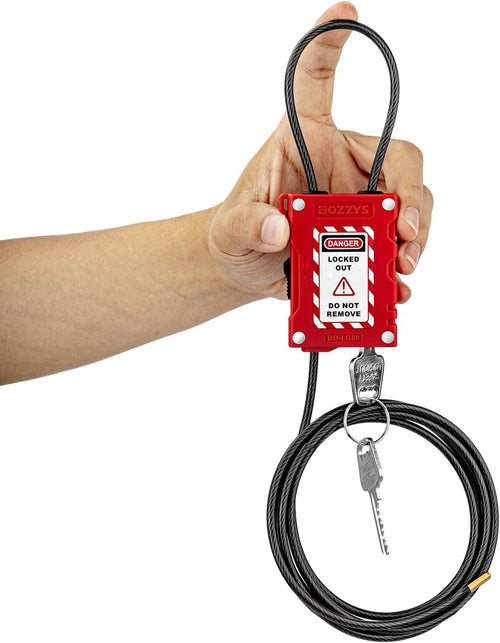 OSHA Compliant LOTO cable lockout, red plastic and steel, shown with keys, by BOZZYS Factory