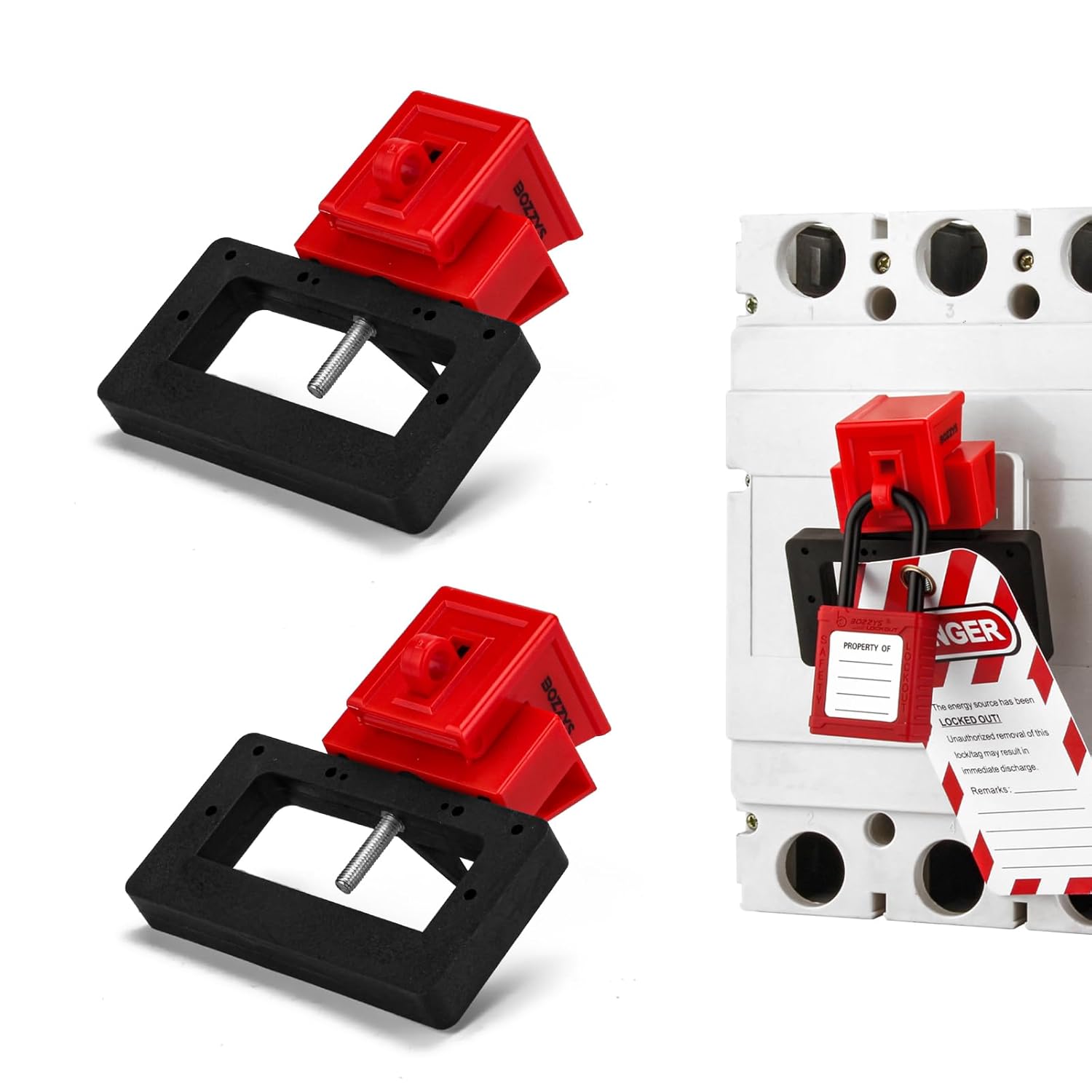 OSHA Compliant LOTO circuit breaker lockout, red and black plastic, by BOZZYS Factory