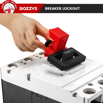 OSHA Compliant LOTO breaker lockout device, red plastic, on circuit breaker by BOZZYS Factory