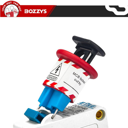 OSHA Compliant LOTO MCB lockout device, red, white, blue plastic, by BOZZYS Factory