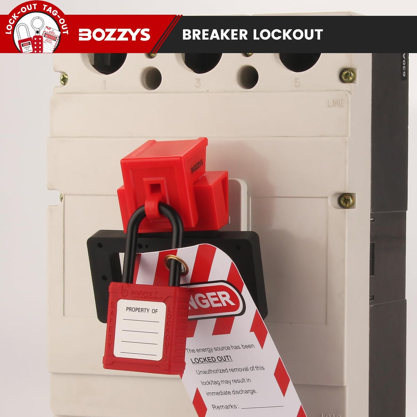 OSHA Compliant LOTO breaker lockout, red plastic, on electrical panel by BOZZYS Factory