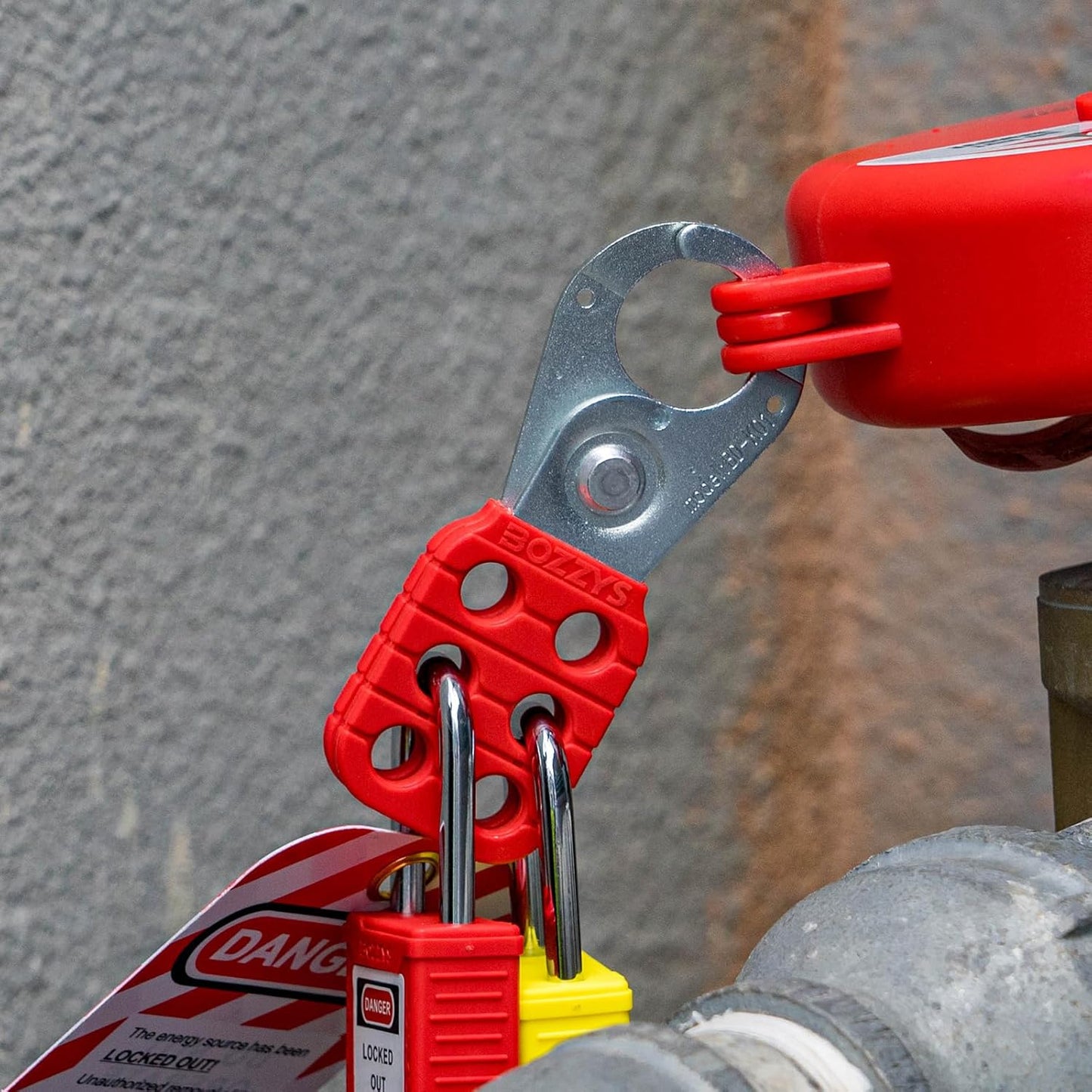 OSHA Compliant LOTO lockout hasp, red plastic and metal, with padlocks, by BOZZYS Factory