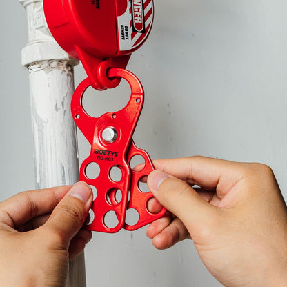 OSHA compliant LOTO steel red lockout hasp secured on valve, by BOZZYS Factory