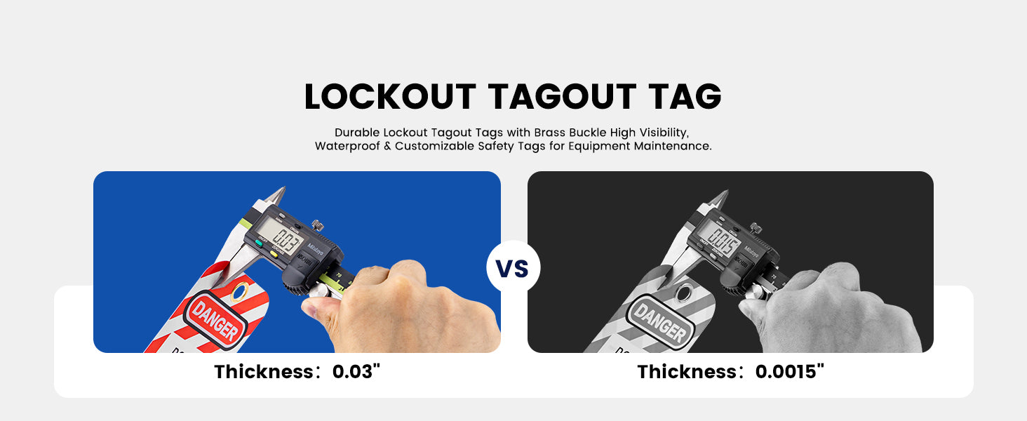 OSHA Compliant LOTO lockout tagout tag, plastic, red and white, compared by thickness, by BOZZYS Factory