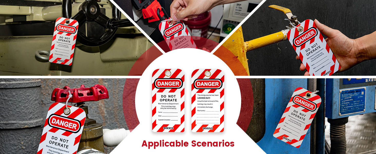 OSHA Compliant LOTO danger tag, red and white plastic, used on valves and switches by BOZZYS Factory