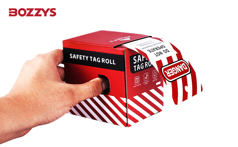 OSHA Compliant LOTO safety tag roll, red and white box, durable paper, by BOZZYS Factory
