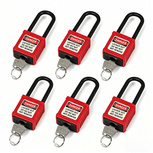 OSHA Compliant LOTO safety padlocks, red plastic body with black shackle, by BOZZYS Factory.