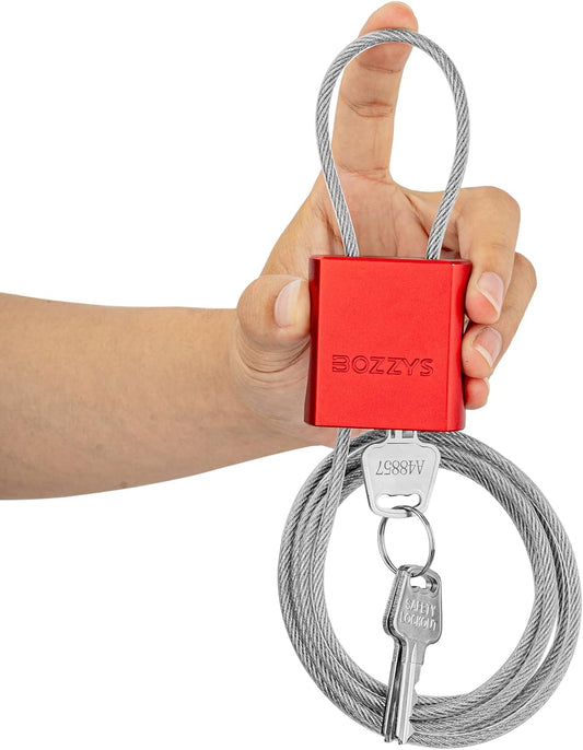 OSHA Compliant LOTO cable lockout, red aluminum body with steel cable and keys, by BOZZYS Factory