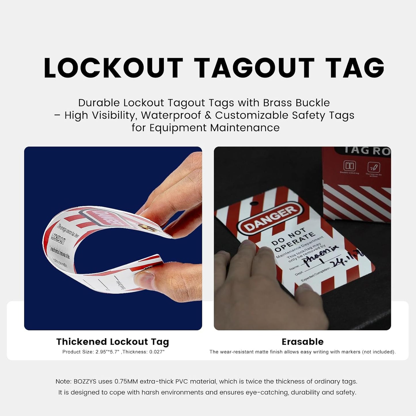 OSHA Compliant LOTO lockout tagout tag, thick PVC, red and white, by BOZZYS Factory