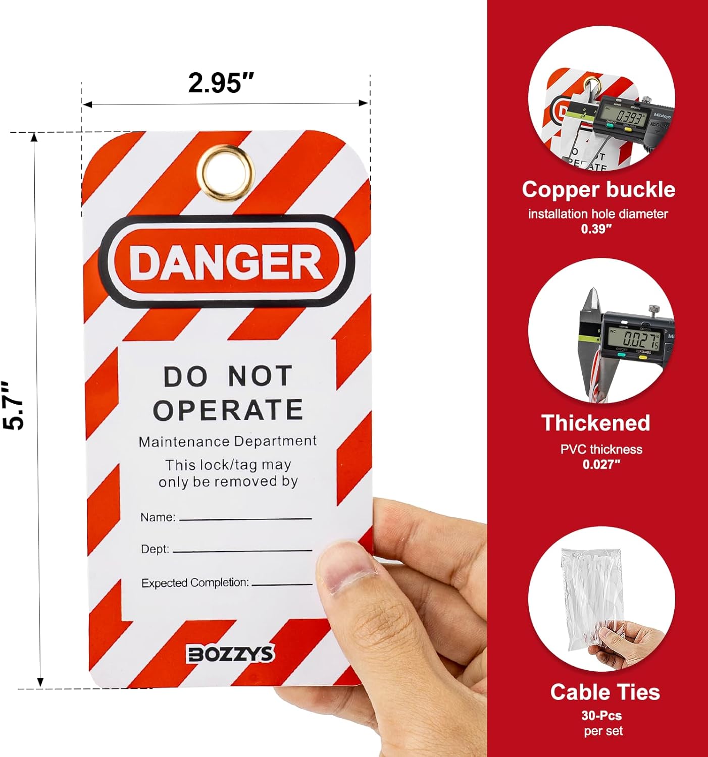 OSHA Compliant LOTO danger tag, thick PVC, red striped, with copper buckle by BOZZYS Factory