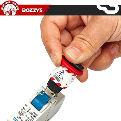 OSHA compliant LOTO circuit breaker lockout device, red and white plastic, by BOZZYS Factory