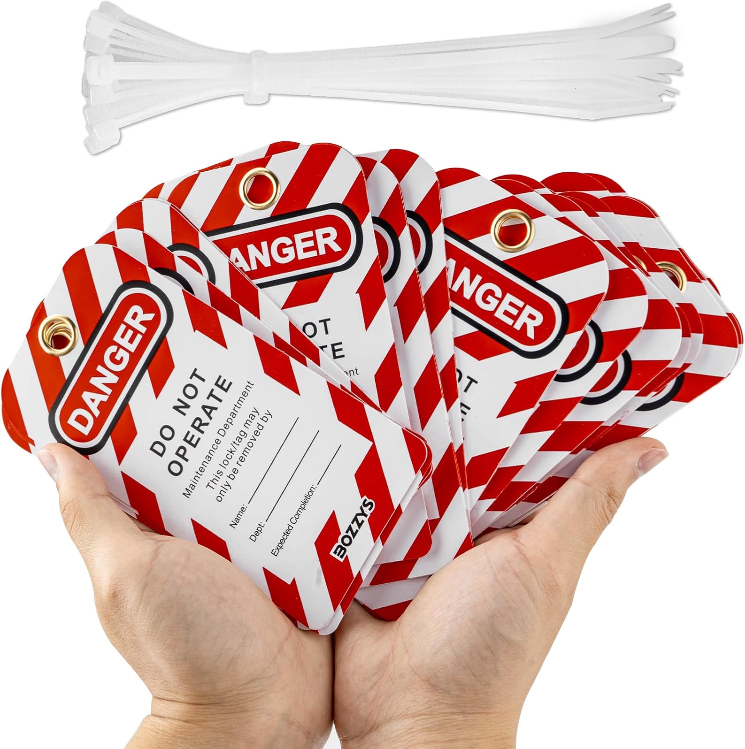 OSHA Compliant LOTO danger tags, red and white plastic with zip ties, by BOZZYS Factory